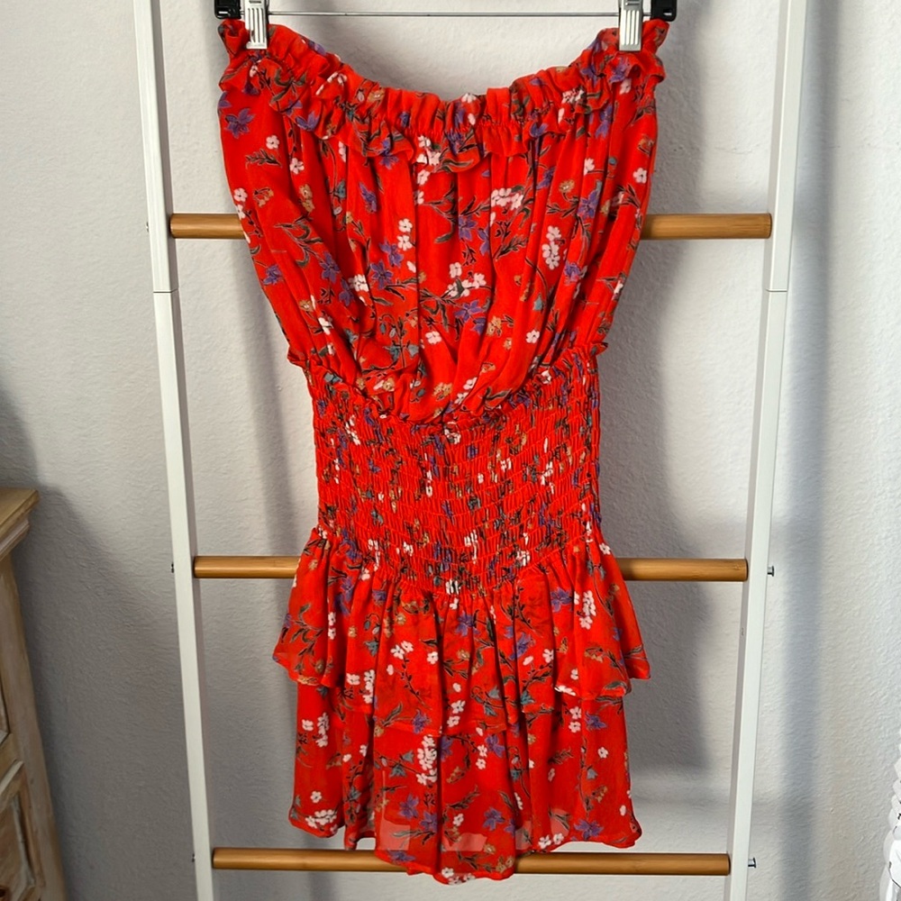 Floral Strapless Red Dress